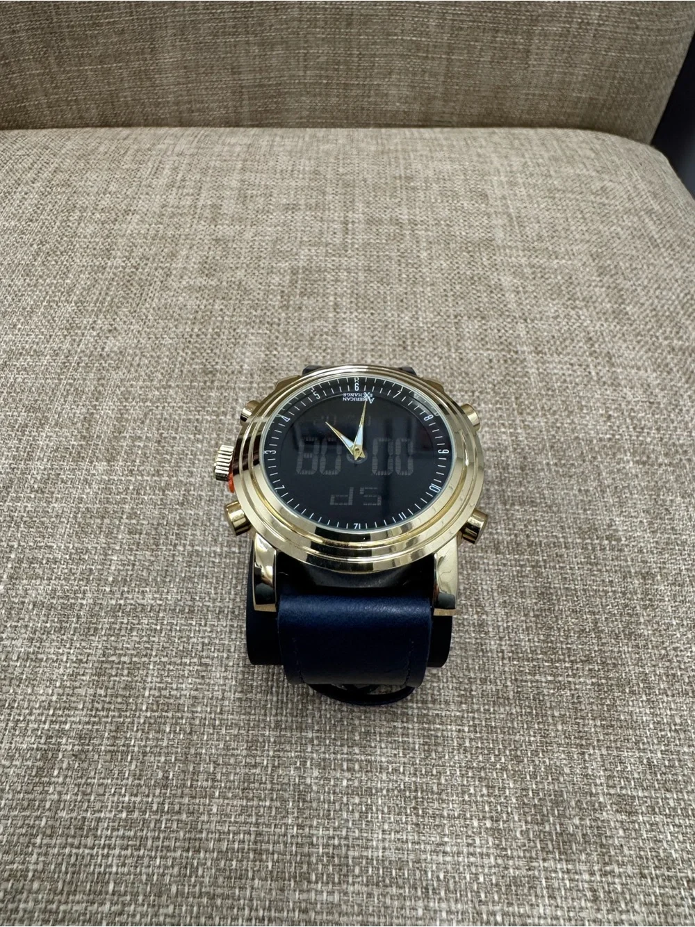 American Exchange Men’s Quartz Analog-Digital Watch Blue Leather Strap Gold Box